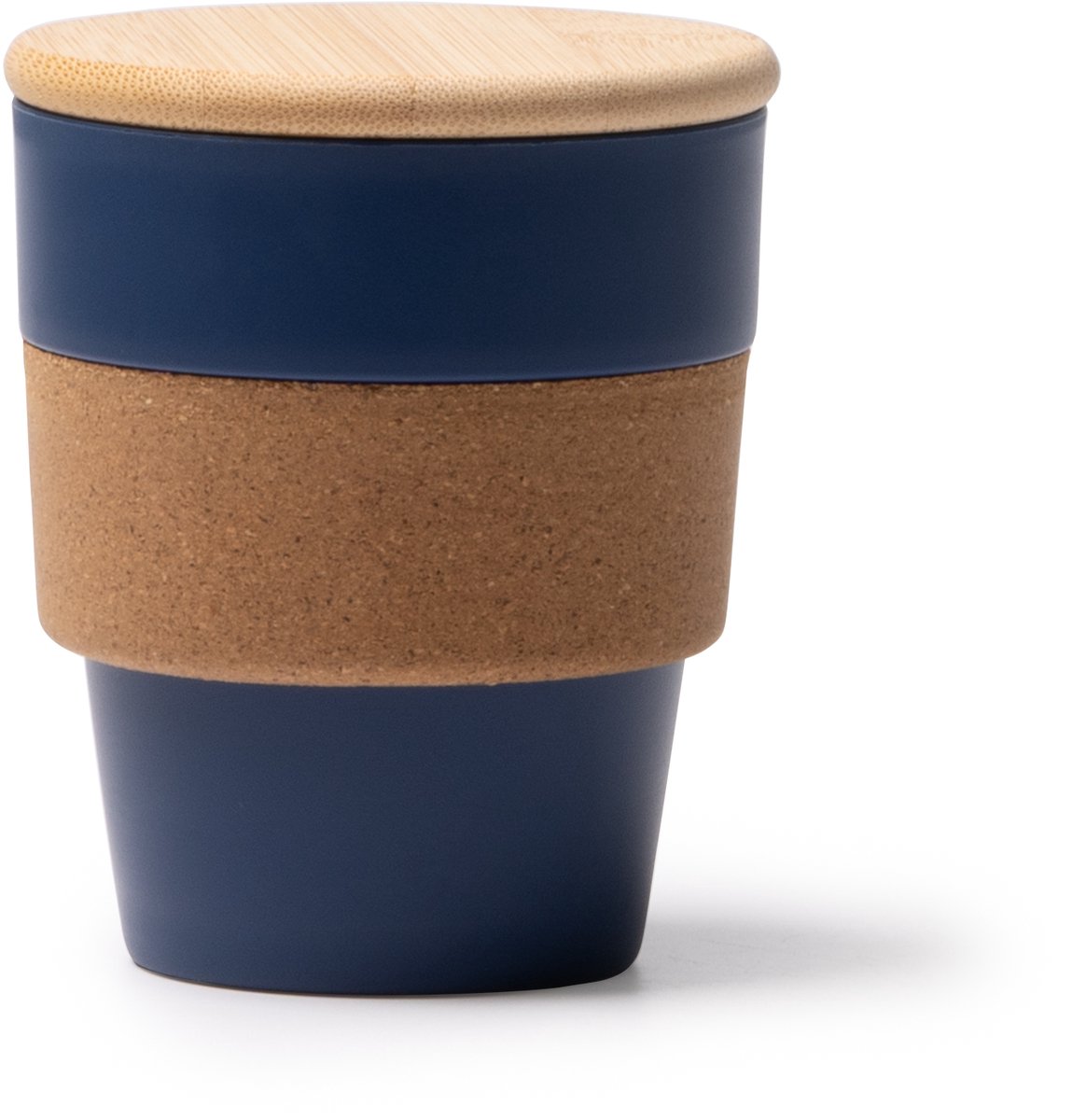 2 stuks blauwe PP beker 350 ml met kurkband en bamboe deksel model Lovren