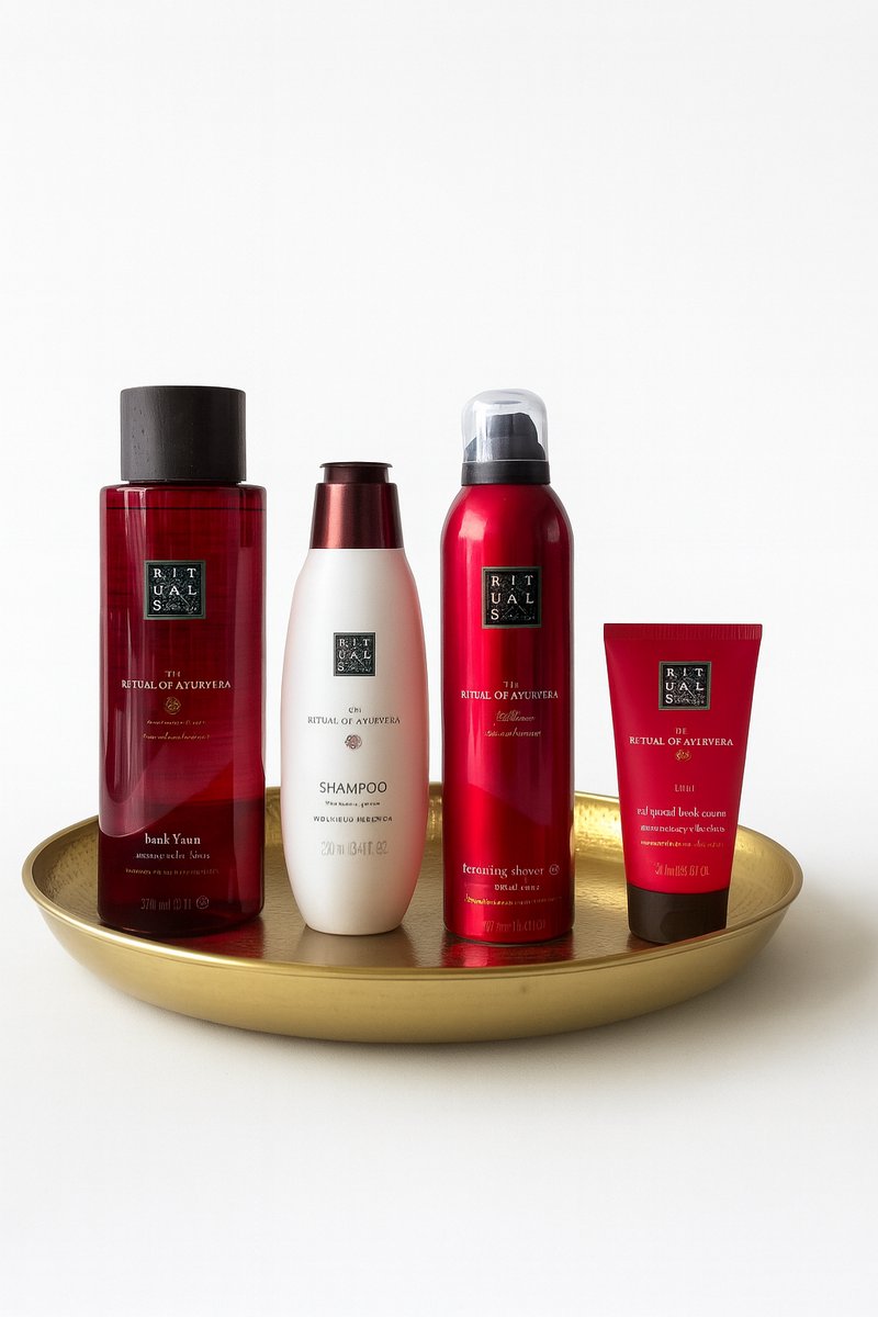 Rituals - Ayurveda - Luxury Set - Bath Foam 500 ml + Shampoo 250 ml + Shower Gel 200 ml + Body Cream 70 ml + Gouden Ronde Decoratieve Dienblad