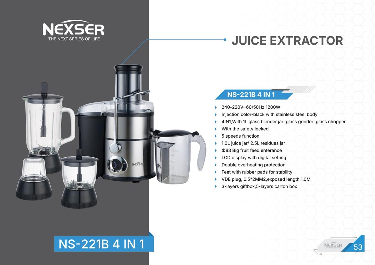 4-in-1 Blender & Juicer – 1200W Multifunctionele Keukenmachine met 2,5 L Glazen Kom – Voor Smoothies, Babyvoeding, Vlees & Ijsklontjes