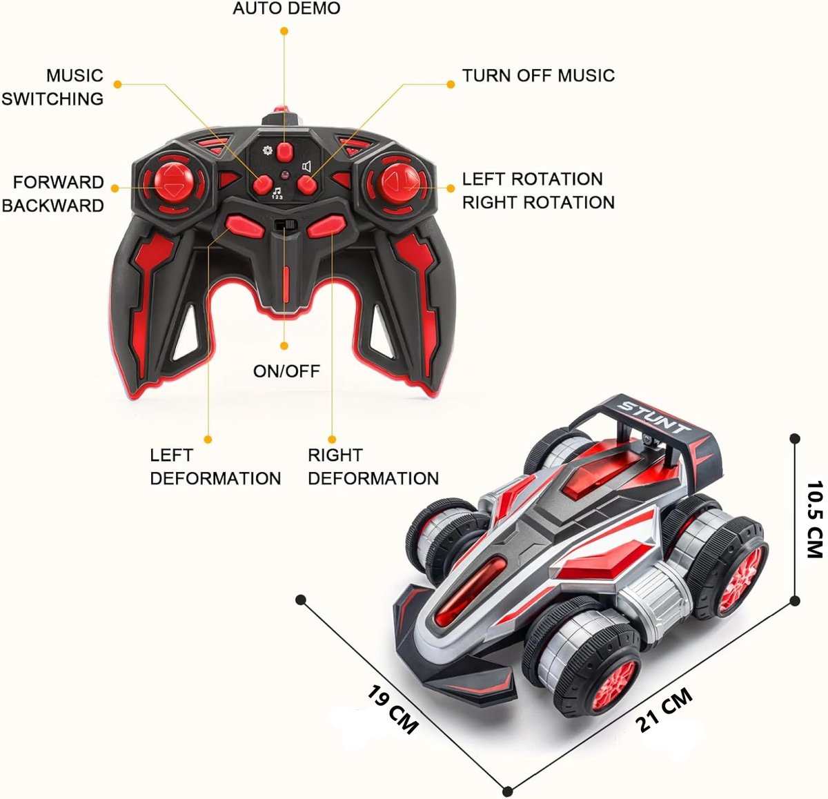 Huntex RC Stunt Car - Transformeerbare Drift Auto 360° + Pionnen & Extra Batterijen | Snelheidsmonster voor Kinderen 8-16 Jaar - Rood — afbeelding 2