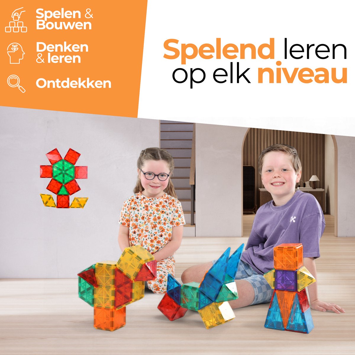 Magna Minds - Magnetic Tiles- Magnetisch Speelgoed – 120 stuks - Constructie speelgoed - Magnetische tegels - Montessori speelgoed - Magnetic toys - Magnetische bouwstenen - Speelgoed Kinderen — afbeelding 3