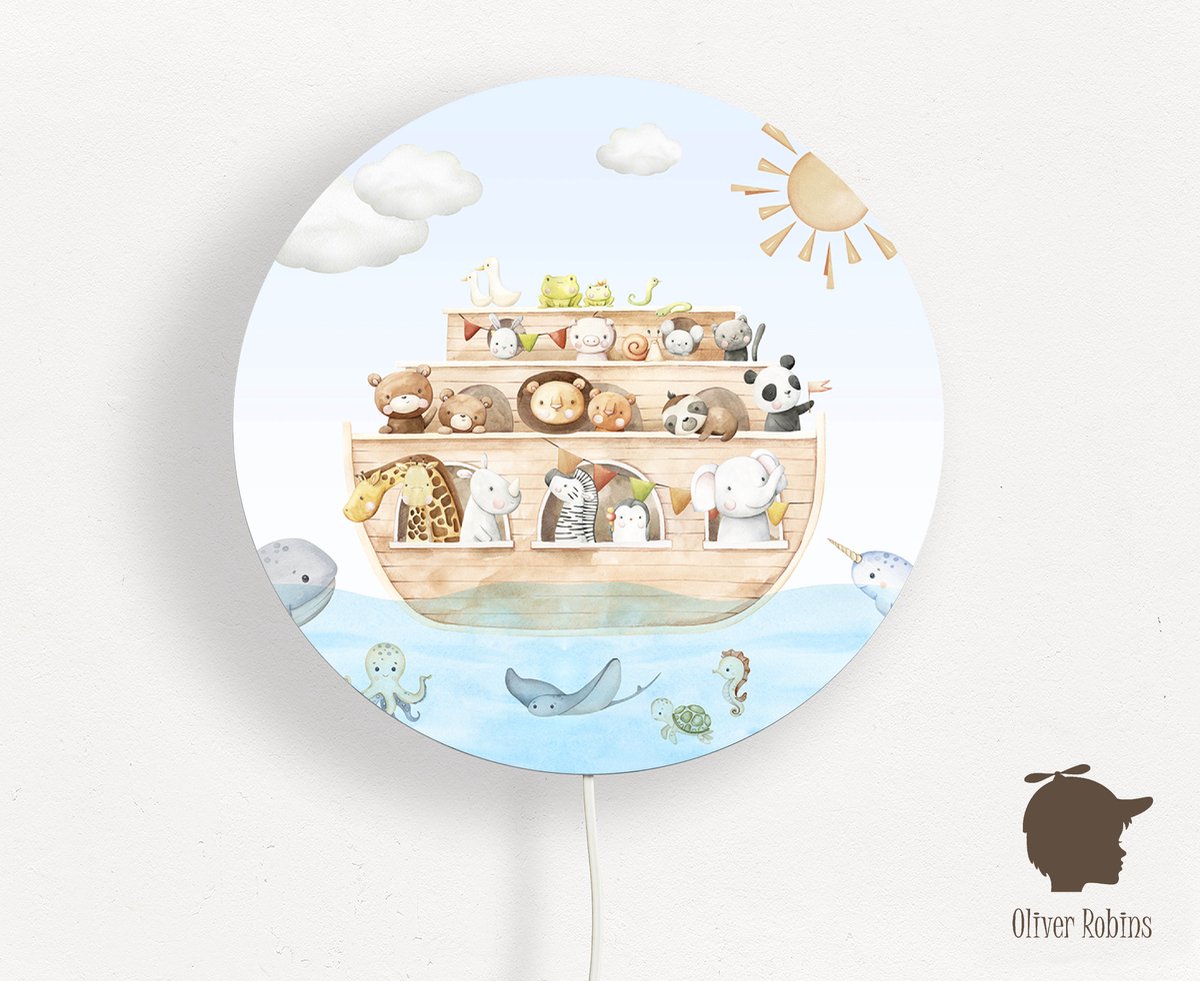Wandlamp rond Noahs Journey Oliver Robins-sfeerverlichting-boot-ark van noah-dieren-wandverlichting-kinderkamer