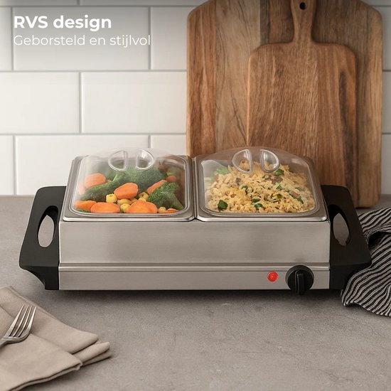 Lomera Buffetwarmer Elektrisch - Warmhoudplaat - Rvs Schalen - Transparante Deksels - Variabel Instelbare Temperatuur - Geïsoleerde Handgrepen - Oververhittingsbeveiliging - Anti-Slip Voetjes - Aan/Uit Schakelaar — afbeelding 3