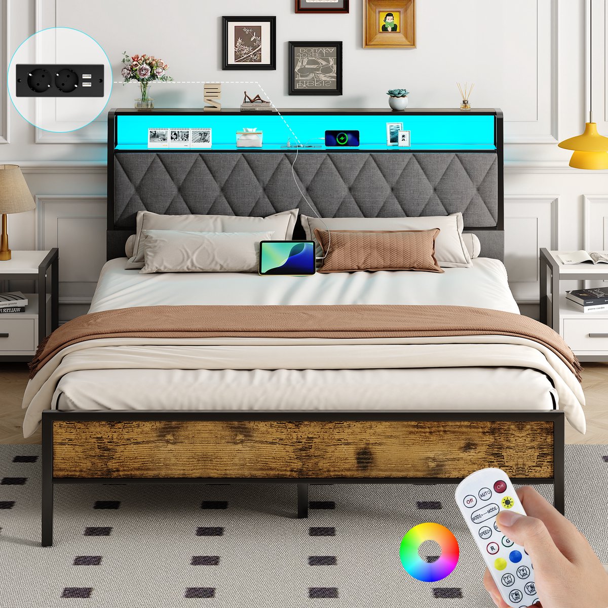 Tweepersoonsbed 140x190 cm - Heavy Duty Metalen Bedframe - Jongerenbed - Jeugdbed - Met LED Verlichting - Stopcontacten - USB Poorten - Type C - Hoofdbord met Opbergruimte - Donkergrijs Linnen