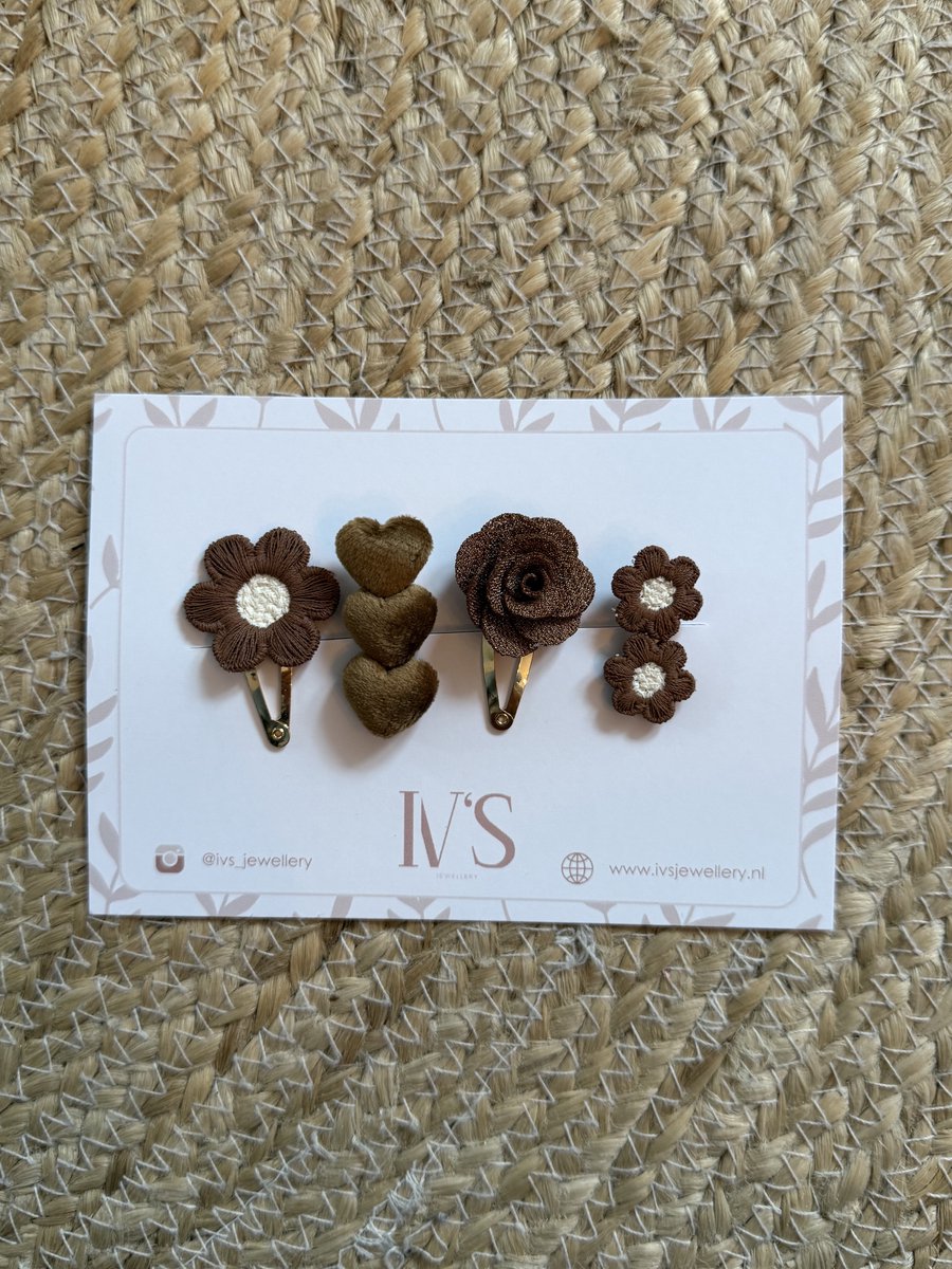 Handgemaakte Haarspeldjes Set – 4 stuks – Bloem, hartjes & Naturel Designs – Voor Baby, Meisjes & Dames