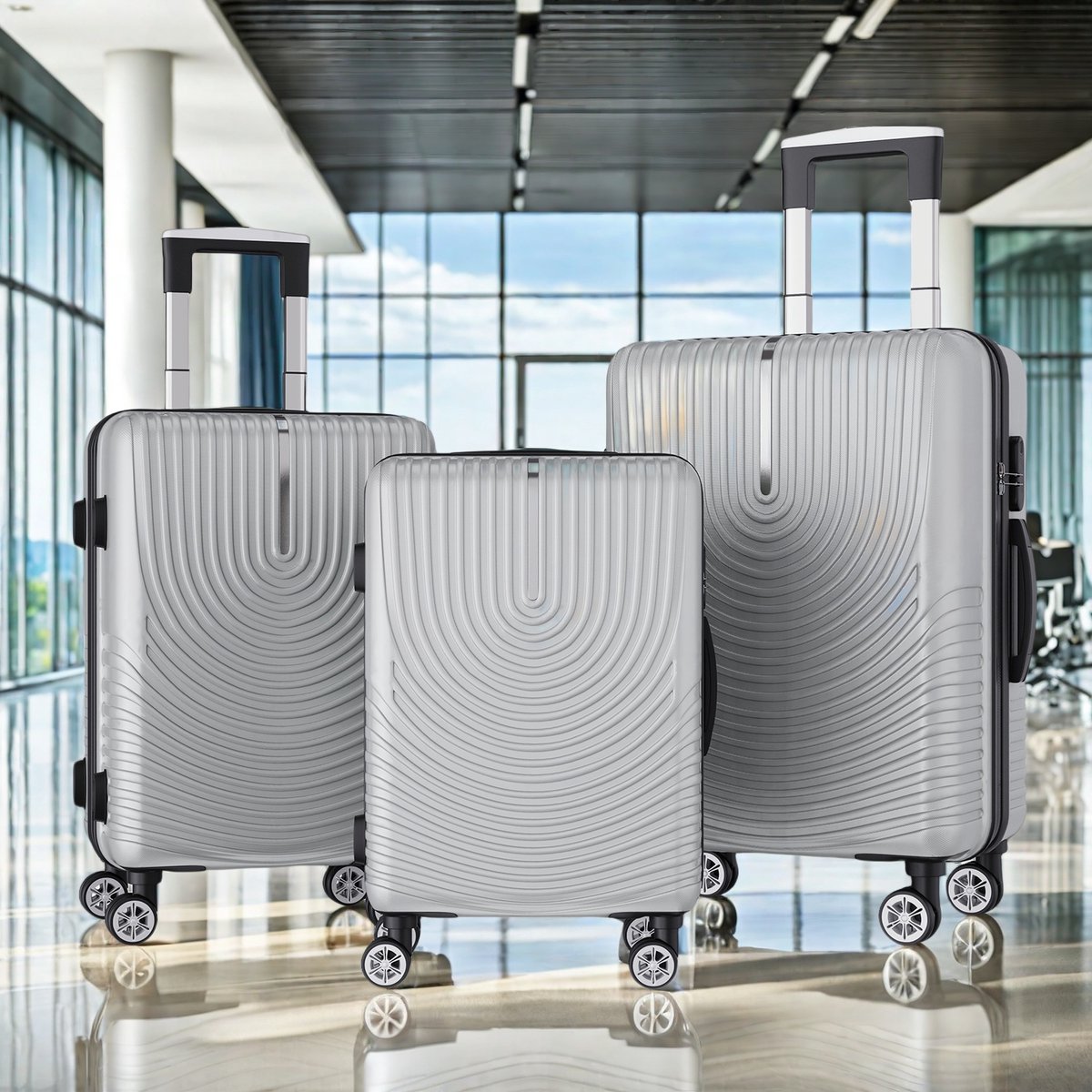 Zilverkleurige 3-delige Koffer Set – 20/24/28 inch, Inclusief Draagbare Bagageweegschaal, Stevig & Stijlvol