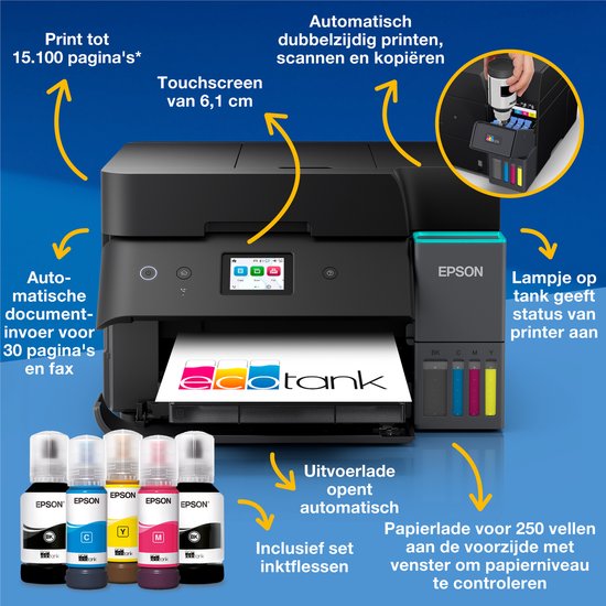 Zwarte Epson Ecotank printer met touchscreen, automatische documentinvoer, printen, scannen, kopiëren en faxen. Incl. 4 inktflessen.