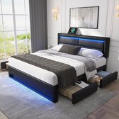 Gestoffeerd bed 140 x 200 cm met USB-poort met LED-verlichting en vier opberglades - zonder matras - zwart