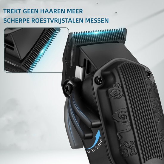 Close-up van de scherpe roestvrijstalen messen van de Scttomon tondeuse, instelbaar van 0.8-2mm.