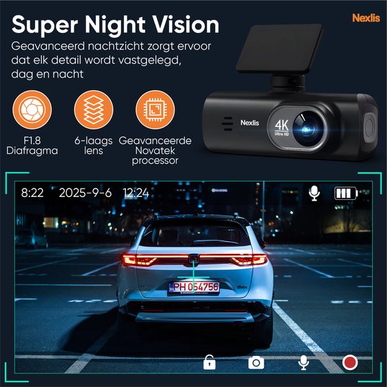 Nexlis 4K dashcam met super nachtzicht, filmt een witte auto met kenteken PH 054756 in een parkeergarage.