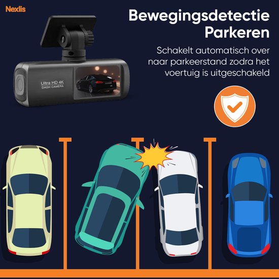 Nexlis 4K dashcam met bewegingsdetectie parkeren, toont een aanrijding tussen een mintgroene en witte auto.