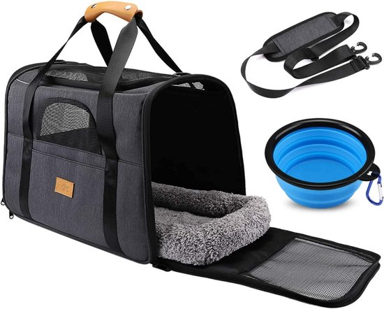 Foto: Goodivery hondenrugzak huisdiermand draagbare kattenbak met opening aan de bovenkant verwijderbare mat en ademend gaas transportbox voor katten en honden 44 x 31 x 34 cm griys