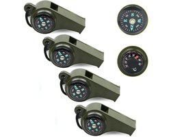 4 Stuks Noodfluit met Sleutelkoord - 3-in-1 Noodfluitjes Met Kompas & Thermometer - Survival Whistle - Noodfluitje bij Ramp - Avonturen - Kamperen - Bergbeklimmen - Luide Alarmfluit voor Noodgevallen - voor Buiten Wandelen
