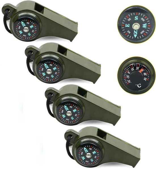 4 Stuks Noodfluit met Sleutelkoord - 3-in-1 Noodfluitjes Met Kompas & Thermometer - Survival Whistle - Noodfluitje bij Ramp - Avonturen - Kamperen - Bergbeklimmen - Luide Alarmfluit voor Noodgevallen - voor Buiten Wandelen