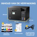 Zwarte Epson EcoTank printer met afmetingen en inhoud van de verpakking: inktflessen, documentatie en voedingskabel.