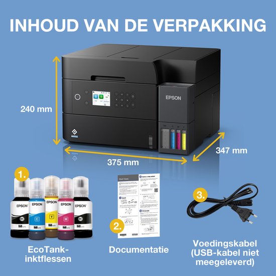 Zwarte Epson EcoTank printer met afmetingen en inhoud van de verpakking: inktflessen, documentatie en voedingskabel.