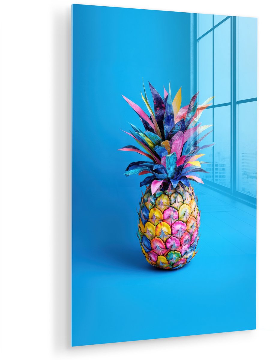 MuchoWow® Glasschilderij 120x180 cm - Schilderij acrylglas - Ananas - Blauw - Tropisch - Vrolijk - Foto op glas - Muurdecoratie woonkamer - Wanddecoratie slaapkamer - Schilderijen