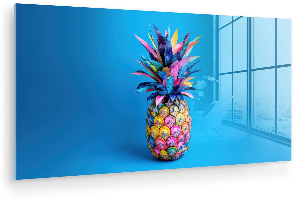 MuchoWow® Glasschilderij 120x60 cm - Schilderij acrylglas - Ananas - Blauw - Tropisch - Vrolijk - Foto op glas - Muurdecoratie woonkamer - Wanddecoratie slaapkamer - Schilderijen