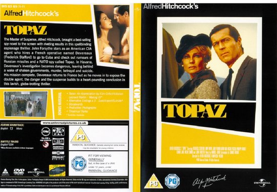 Alfred Hitchcock's Topaz DVD-hoes met John Forsythe en een blonde vrouw, met de titel 'Topaz'.