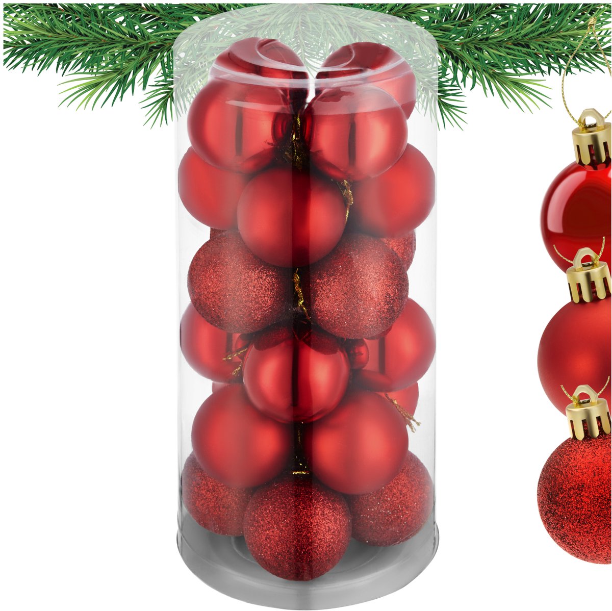 tectake® Set van 24 Kerstballen - Mat, Glanzend en Glinsterend Oppervlak - Kerstballen van Robuust Plastic - Kerstversiering met Opbergbox - Kerstboomversiering - 4 cm - Rood