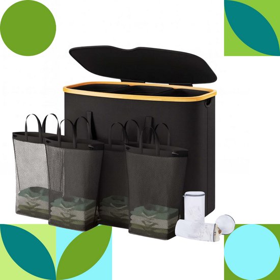 Panier à linge SolVva 3 compartiments – Panier à linge 205 L avec 3 compartiments et Sacs à linge en filet – Paniers à linge – Trieur de linge – Extra grande capacité