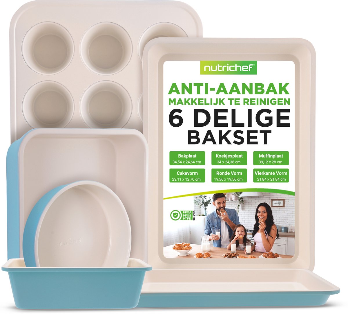 NutriChef 6-delige Bakvormenset – Anti-aanbak Bakplaten in Groen met Witte Binnenkant – Kwalitatieve Keukenset voor Bakken en Koken van Cake en Meer