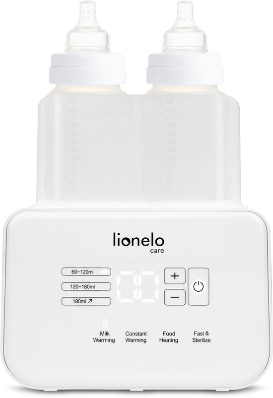 LIONELO Thermup Duo Flessenwarmer 6‑in‑1 | Verwarmt 2 Flessen Tegelijk | Sterilisatie | Ontdooien | Potjes Verwarmen | Houdt Warm | BPA‑vrij | Nauwkeurige Temperatuurregeling | Touchscreen | Wit