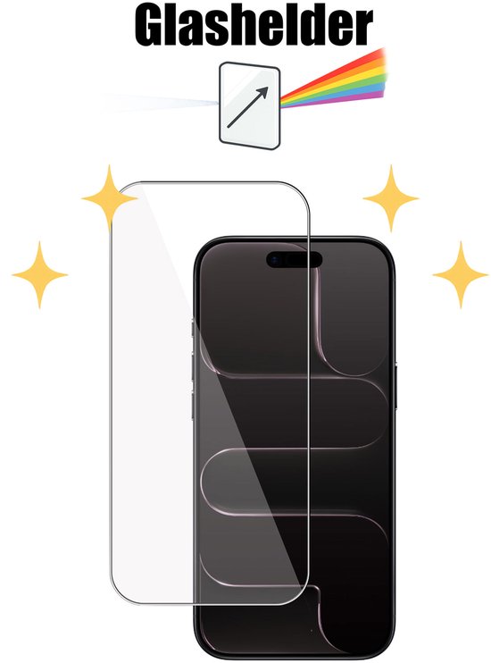 Schermprotector op een telefoon, met het 'Glashelder' logo en glinsterende sterren.