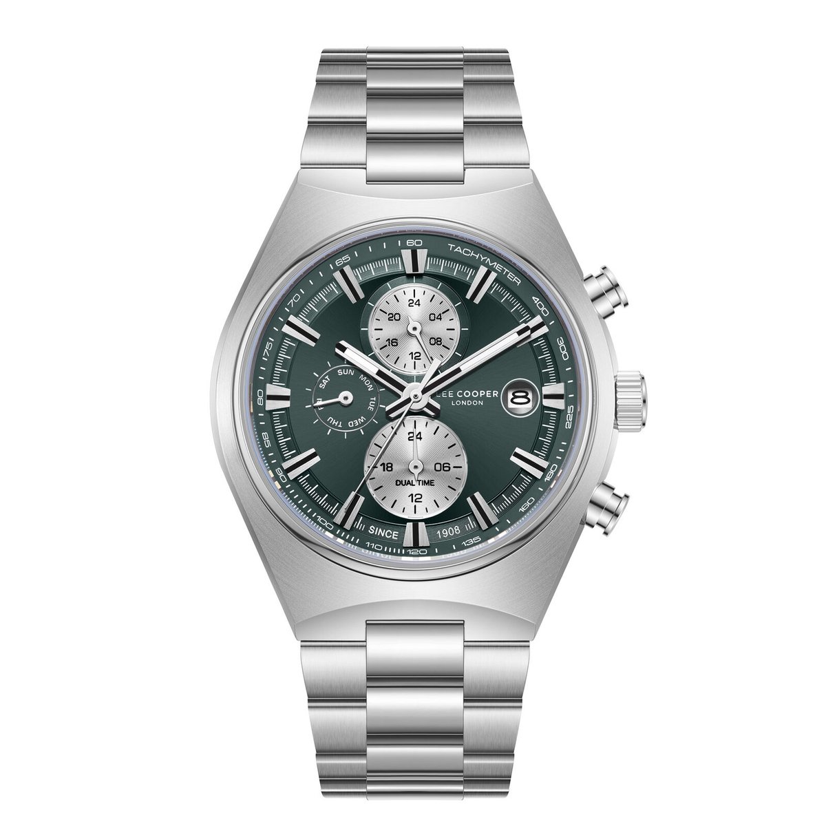 Lee Cooper LC08214.370 - Horloge - Polshorloge - Analoog - Heren - Mannen - Stalen band - Metaal - Rond - Strepen - Cijfers - Datumaanduiding - Dagaanduiding - Dual time - 12-24- Chronograaf - Zilverkleurig - Donkergroen - Wit - Zwart