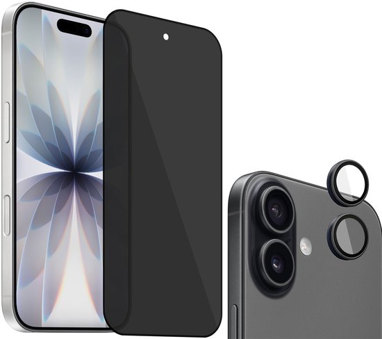 Smartphone met privacy screenprotector en camera lensbeschermers. De smartphone is zilverkleurig.