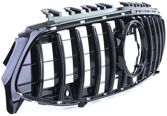 Glanzend zwarte grille met verticale spijlen en centrale cirkel, schuine weergave.