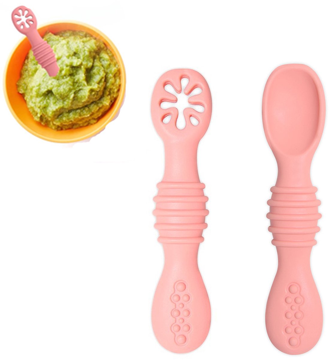 Image of 2 stuks Kinder Lepeltjes - kinderbestek - Baby Lepeltjes - Bestek Lepel - Siliconen Lepel - lepel - babybestek - kinderlepel - kinderbestek - Zachte lepel - Abrikoosroze