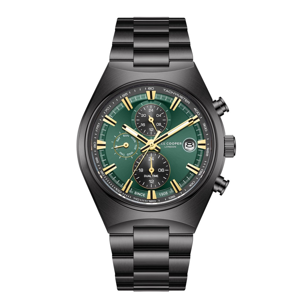 Lee Cooper LC08214.070 - Horloge - Polshorloge - Analoog - Heren - Mannen - Stalen band - Metaal - Rond - Strepen - Cijfers - Datumaanduiding - Dagaanduiding - Dual time - 12-24- Chronograaf - Zwart - Goudkleurig - Donkergroen - Wit
