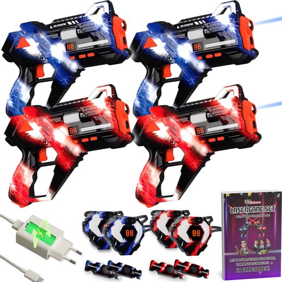 Oplaadbare Lasergame set voor Kinderen + Educatief Boekje - 360° sensoren - Oplaadbaar - 4 Persoons Laser Tag Set met 4 Blasters en Vesten