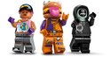 Trois personnages LEGO Fortnite : fille avec casquette, burger, et personnage en sweat à capuche.