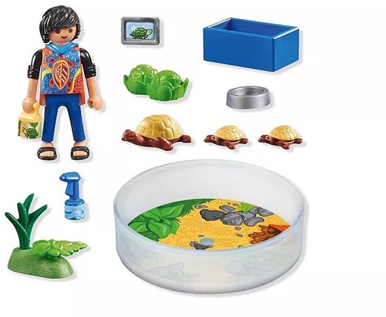 Playmobil schildpadden terrarium set onderdelen. Jongen, terrarium, schildpadden, planten, voerbakje en spuitfles.