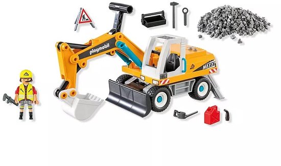 Gele Playmobil graafmachine, met een bestuurder, stenen en diverse accessoires zoals een gereedschapskist.