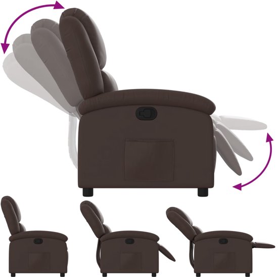 Bruine kunstlederen fauteuil in verschillende standen, van rechtop tot liggend. Met verstelbare rugleuning en voetensteun.