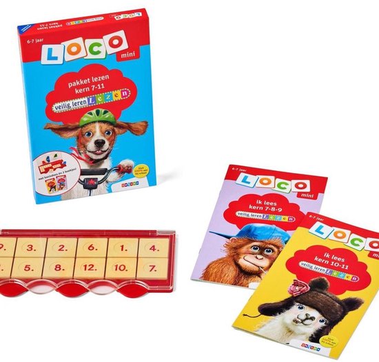 DOOS, deksel op de doos, mini loco-spel met kaarten met afbeeldingen en getallen, boekjes met aap en hond.