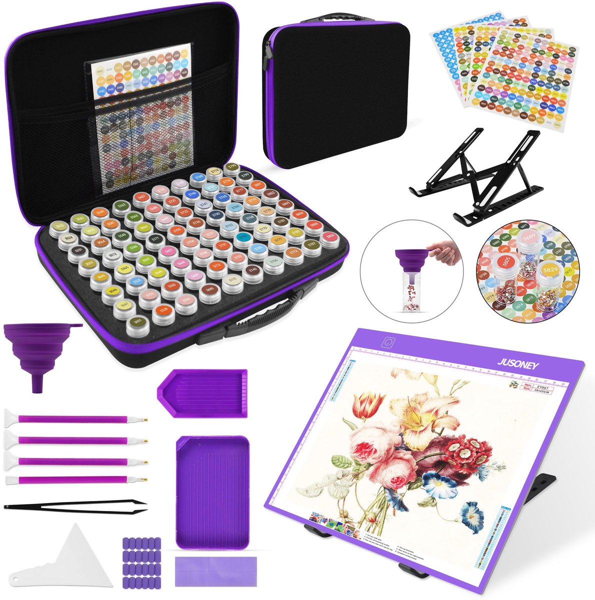 Diamond Painting Set - Met 80 Opbergdoosjes, A4 Lichttafel met 3 Helderheidsniveaus en Gereedschap - Voor DIY Knutselen - Paars