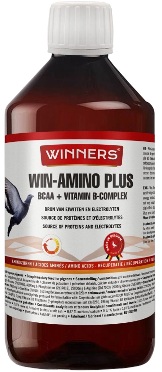 Belgian Winners Win-Amino Plus 1L - voor postduiven - aminozuren, snellere recuperatie na inspanning, spierversterkend, energieherstel, electrolyten, bouwstenen vederkleed. Ondersteuning tijdens de rui, kweek en de vluchten.