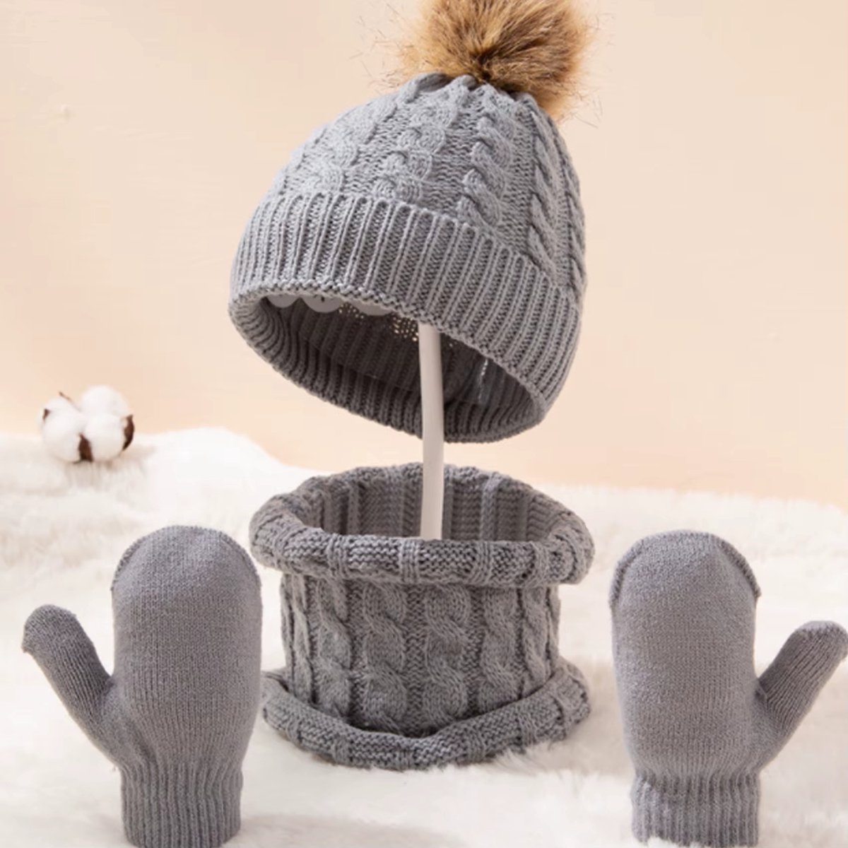 3-delige Kind Winterset – Gebreide Muts, Sjaal & Wanten – Warme Outdoor Set voor Peuters en Kinderen – Huidvriendelijke Handschoenen – Jongens & Meisjes – Kinder Winteraccessoires – Warme Nekwarmer & Handschoenen