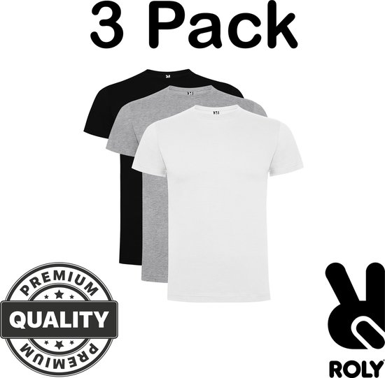 Lot de 3 t- Shirts unisexes Premium de gamme 100 % coton, col ras du cou, Zwart, gris clair chiné, Wit, taille 4XL