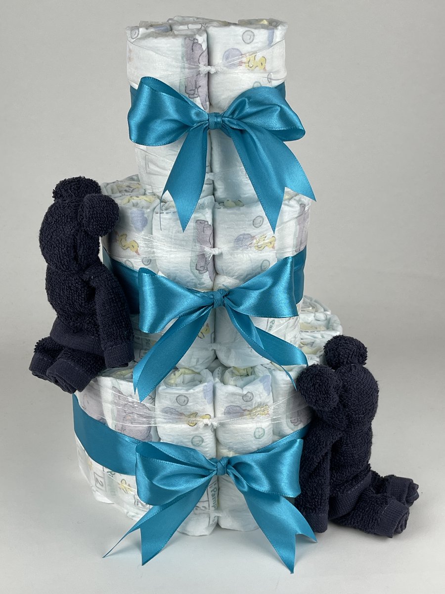 Chouette-Chouette | Luiertaart Jongen | Kraamcadeau | Geboorte Jongen | Babyshower | Beren Navy donker blauw - Petrol