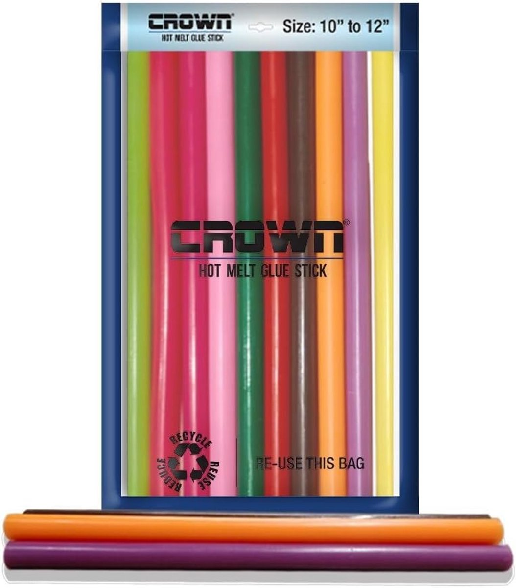 Crown Lijmsticks 8 Inch 10 mm – 40-delige Multicolour Set - Universele Hot Glue Sticks voor Knutselen, Reparaties & DIY | Snelle Applicatie, Zachte Smeltpunt 67–70 °C | Met Kajal Sticker