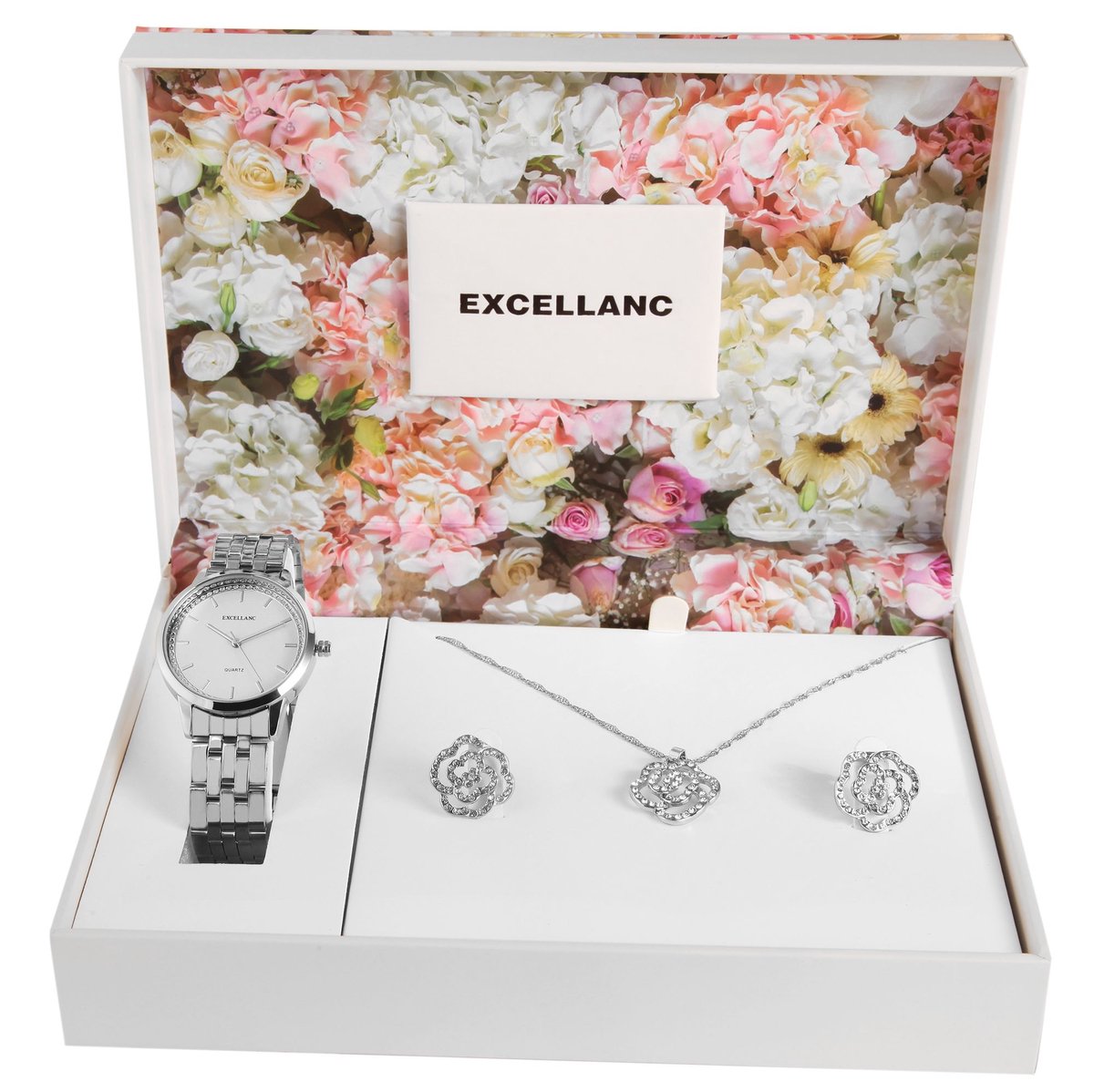 Excellanc dameshorloge geschenkset zilverkleurig cadeauset horloge, ketting, oorbellen kerstcadeau