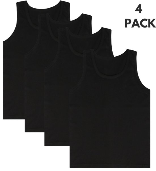 Vier zwarte tanktops op een witte achtergrond. "4 PACK" staat rechtsboven.