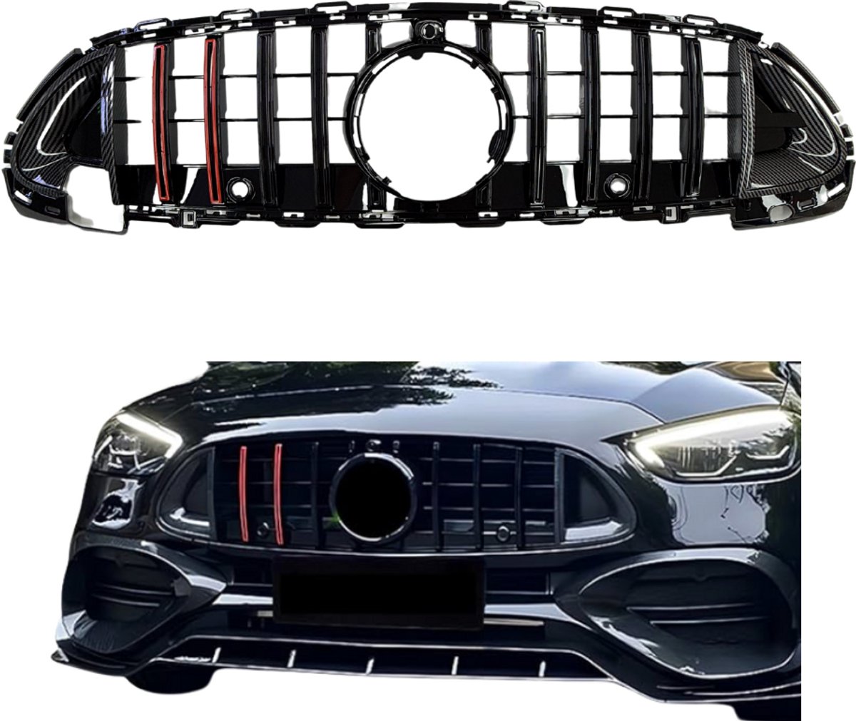 Mercedes C Klasse W206, S206 (2021+) B-Look Grill Glans Zwart/Carbon, Rood Accent