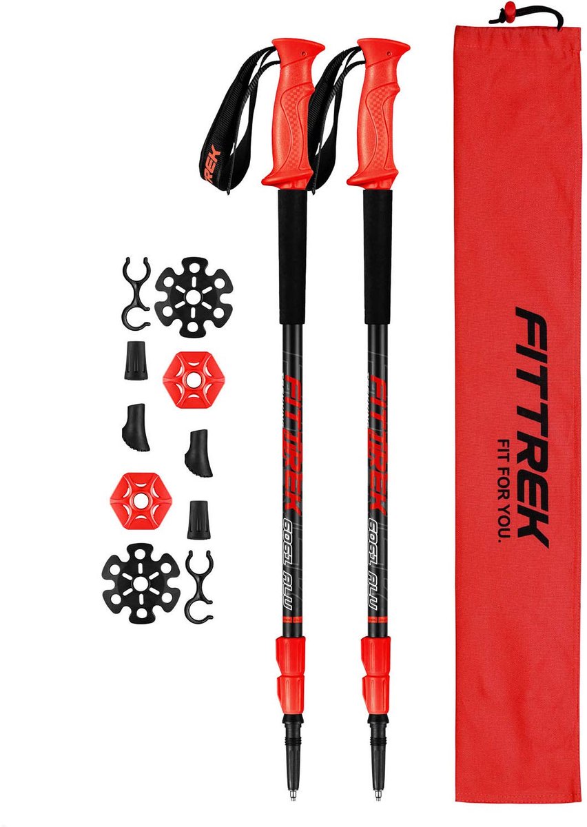 FitTrek Trekkingstokken - Telescopische wandelstokken - Verstelbare, lichtgewicht Nordic Walking-stok voor dames, heren en kinderen met rubberen buffer, pads en tas