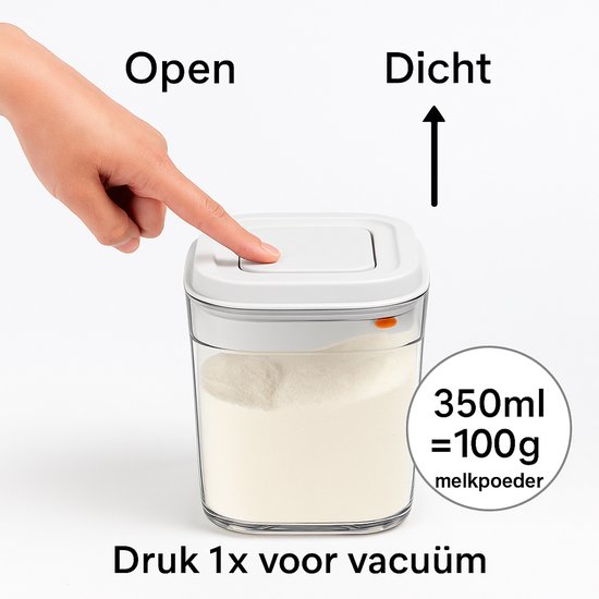 MYLS - POP-UP Melkpoeder Doseerdoos Babyvoeding 350ml -reisbox melkpoeder-inclusief maatschepje - voor 100gram Melkpoeder POP-UP voorraadpot met maatschep-vacuum Dispenser Melkpoeder Bewaardoos - Bewaarbox - Reisbox met maatschep-BPA vrij — afbeelding 4